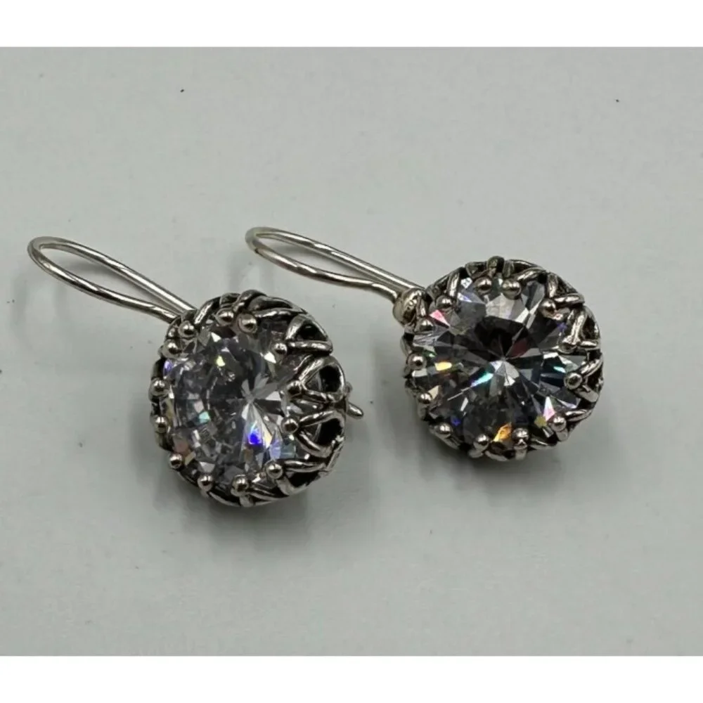 Sterling Silver Drop Earrings  Round Clear Stone French Wire Hooks Dangl…